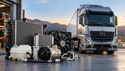 Mercedes Actros MP4 truck with cooling system and air conditioning parts including radiator, intercooler, compressor, fan and hoses