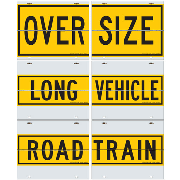 OVER SIZE / ROAD TRAIN / LONG VEHICLE Hinged 2 Piece 600 x 490mm Class 2 Reflective Sign - Aluminium Plate